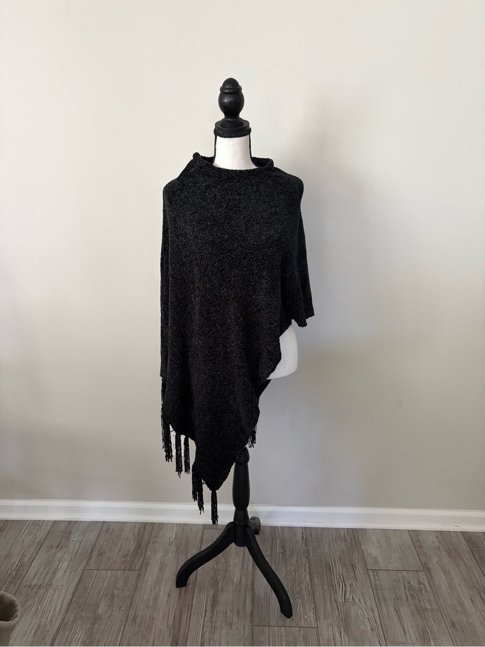 Nicole Black Chenille Poncho with Fringe